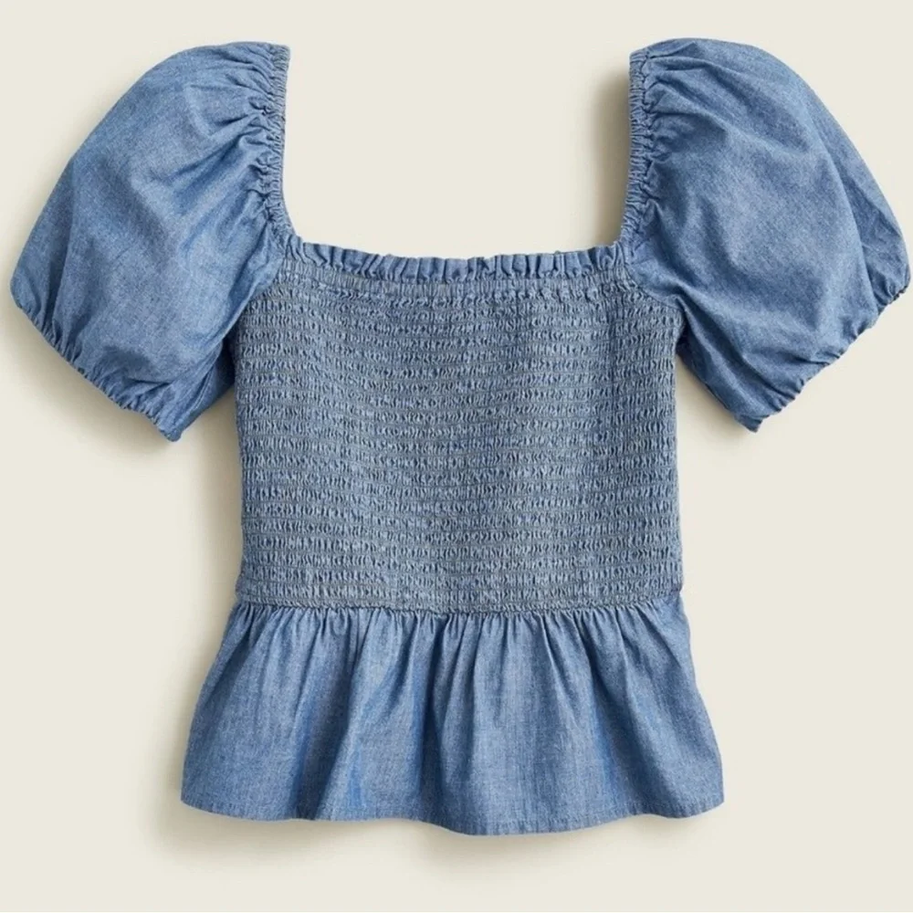 J. Crew‎ Square Neck Smocked Chambray Short Puff Sleeve Top in Blue Denim Peplum